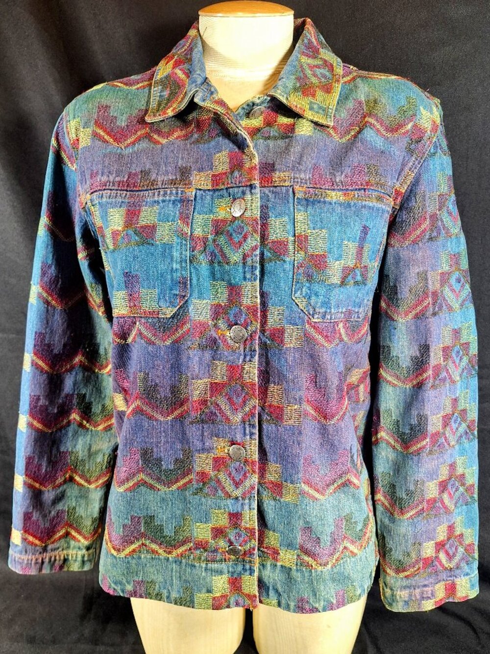 Chico’s Embroidered Denim Jacket Western Southwestern Aztec Button Up Size 1